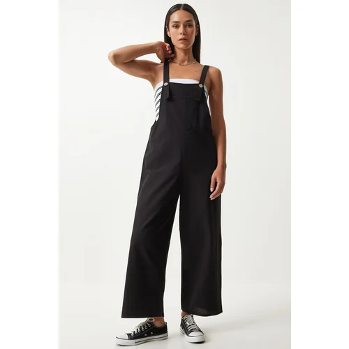 Happiness İstanbul Women's Black Strappy Thin Gabardine Summer Gardener Overalls