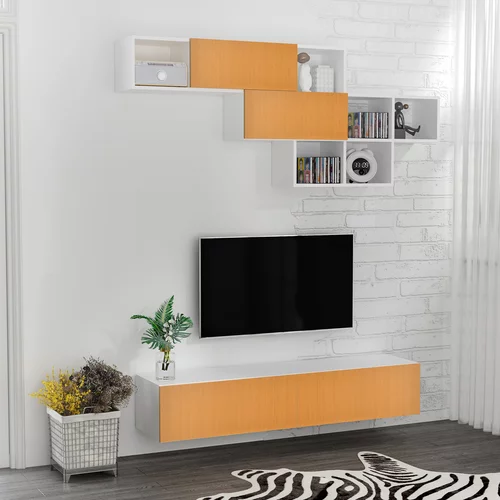 HOMCOM viseča televizijska omarica za 60-palčni televizor Max z dvema vratoma stenska omarica, komplet 2 kosov iz iverne plošče za dnevno sobo in spalnico, bela in svetlo rjava, (20745692)