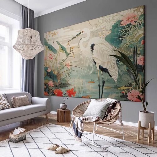  XXL slika - By an Asian pond - an illustration in the style of a Japanese engraving depicting a heron 200x133 Slike