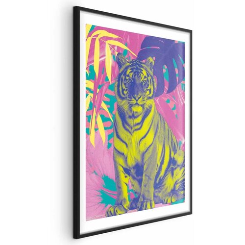  Plakat - Colorful Tiger - intense colors of a tiger surrounded by tropical plants 60x90 Crni okvir s margom Cijene