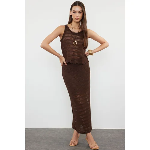 Trendyol Brown Cotton Openwork/Perforated Lined Skirted Knitwear Bottom-Top Set