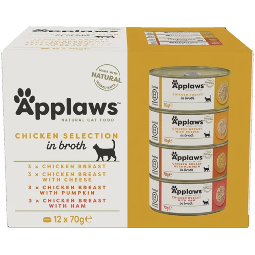 Applaws 10 + 2 gratis! mokra mačja hrana 12 x 70 g - Piščančji miks v bujonu (4 vrste) Adult