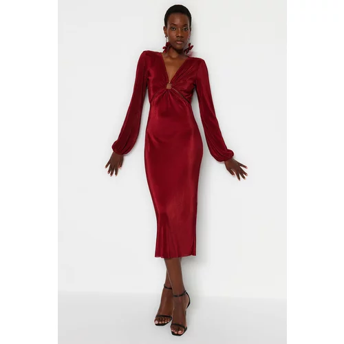 Trendyol Burgundy Fitted Knitted Evening Dress with Pleats