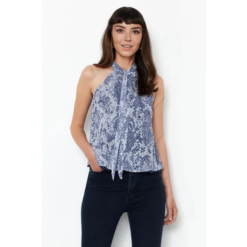 Trendyol Blue Animal/Snake Printed Special Textured Tie Detail Stretchy Knitted Blouse