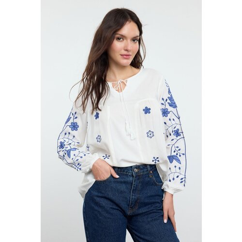 Trendyol White Embroidered Neck Tie Detailed Woven Blouse Slike