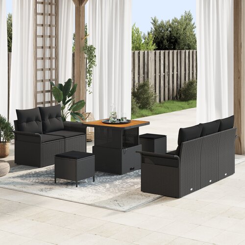 vidaXL 8-dijelni set sofa za vrt s jastučićima Crni Poly Rattan Acacia, Dvosjed sofa za vrt s odlaganjem i jastučićima Crni Poly Rattan, 3-dijelni set za obrok u vrtu s jastučićima Crni Poly Rattan Acacia Cijene