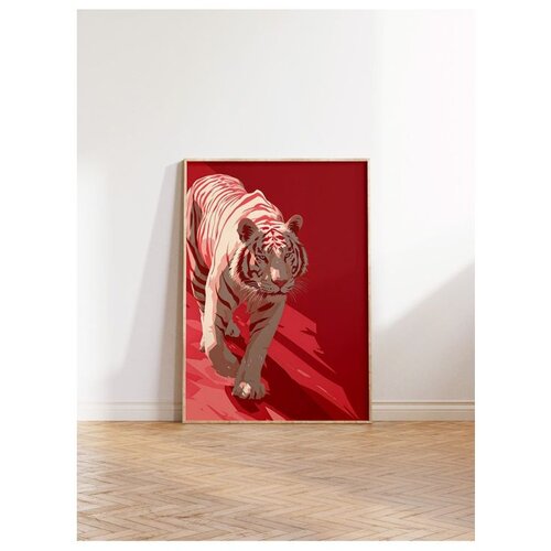 Wallxpert uramljena slika 115262, beli tigar na crvenoj pozadini, 30 x 40 cm, ram u boji prirodnog drveta Slike