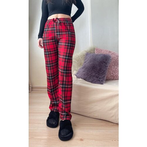 Dewberry 17947 Plaid Checkered Cotton Velvet Pyjama Bottoms-RED-BLACK Slike