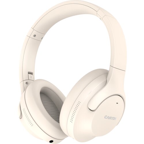 Canyon OnRiff 10, Bluetooth headset,with microphone,with Active Noise Cancellation function, BT V5.3 AC7006, battery 300mAh, Type-C charging plug, PU material, size:175*200*84mm, charging cable 80cm and audio cable 150cm, Beige, weight:253g Slike