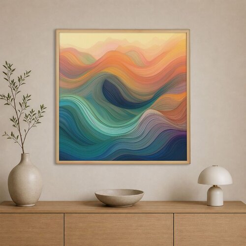 Wallxpert uramljena slika na platnu Cc-K-Ah-1000, apstraktni talasi u bojama zalaska sunca, 60 x 60 cm Slike