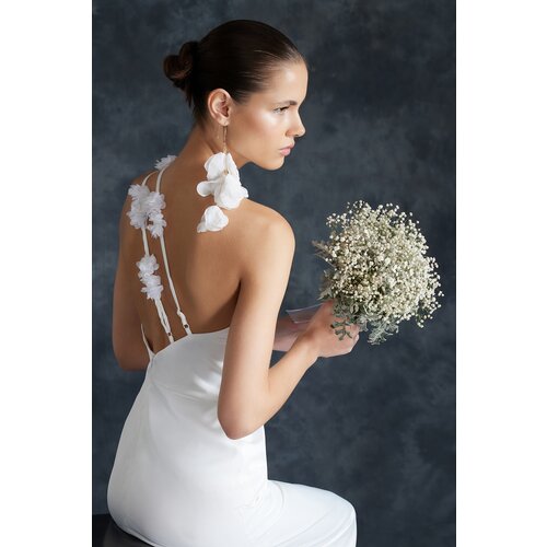 Trendyol White Satin Rose Detailed Wedding/Nikah Long Evening Dress Slike