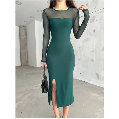 BİKELİFE Women's Green Slit Detailed Lycra Pencil Dress