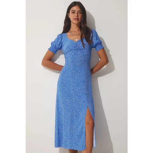 Happiness İstanbul Women's Blue Pleated Sweetheart Neck Summer Viscose Dress