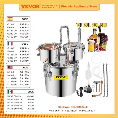 SucceBuy Destilator alkohola iz nerjavecega jekla, kapaciteta od 12L do 50L, sistem hitrega hlajenja, (5000166281) Cene