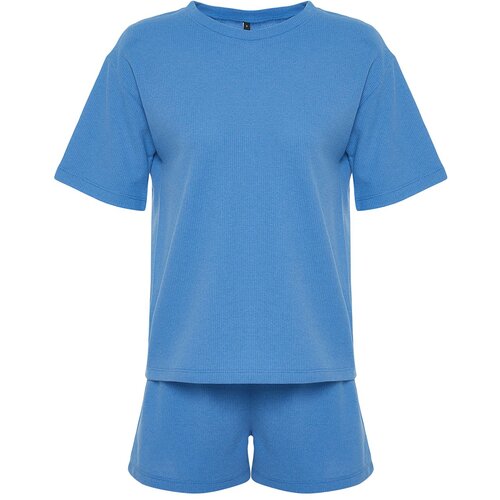 Trendyol Blue Waffle Fabric Knitted Pajamas Set Slike