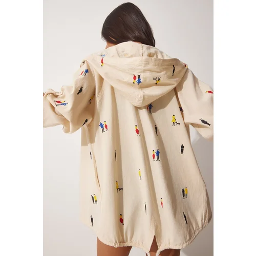  Women's Cream Printed Hooded Raw Linen Jacket