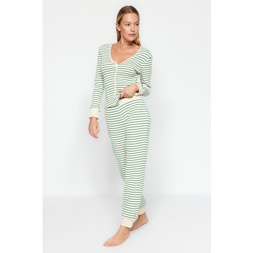 Trendyol Green Striped Cuff and Pile Detailed Tshirt- Jogger Knitted Pajamas Set Cene