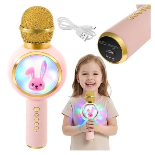 Izoxis Karaoke mikrofon Bluetooth za otroke &amp;ndash; brezžični mikrofon z zvočnikom, RGB LED, USB-C, roza Slike