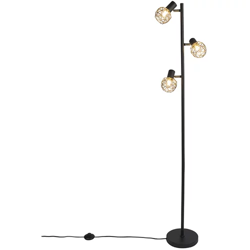 QAZQA Dizajn talna svetilka črna z zlato nastavljivo 3 luči - Mesh