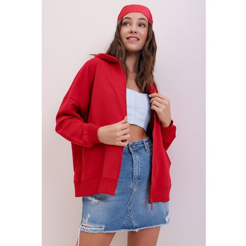 Trend Alaçatı Stili Women's Red Hooded Double Pocket Zippered Seasonal Sweatshirt Slike