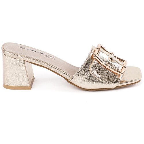 GOODIN Tweed gold mules on a heel Cene