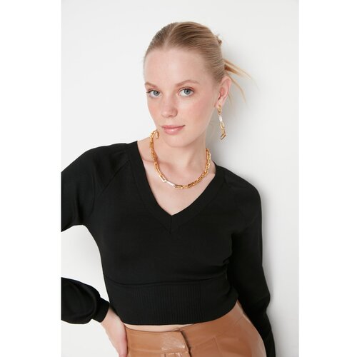 Trendyol Black Crop V Neck Knitwear Sweater Slike