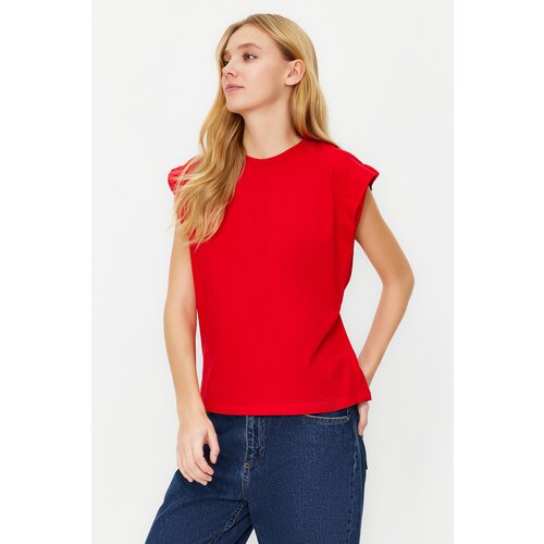 Trendyol Red 100% Cotton Wadding Look Basic Crew Neck Knitted T-Shirt Cene