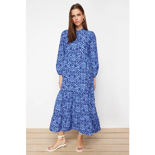 Trendyol Sax Patterned Half Pat Wide Fit Cotton Woven Dress