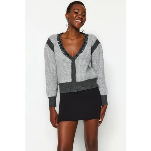 Trendyol Anthracite Soft Textured Color Block Knitwear Cardigan