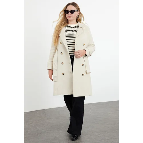 Trendyol Curve Beige Regular Fit Belt Detailed Wool Blend Coat