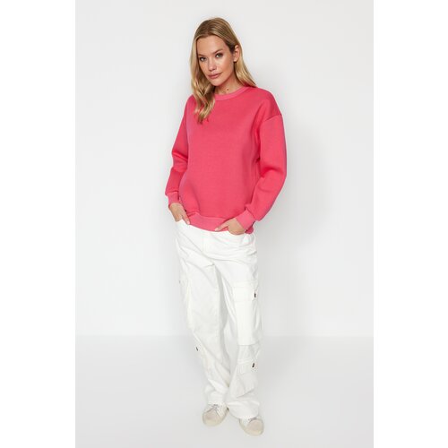 Trendyol Pink Slogan Printed Regular Crew Neck Knitted Sweatshirt Cene