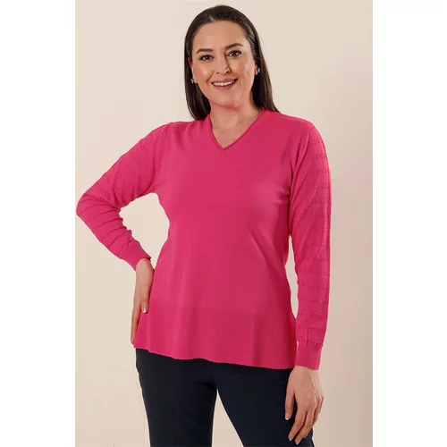 By Saygı V-Neck with Patterned Sleeves and slits in the sides Plus Size Acrylic Sweater Pink