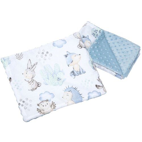 Medi Partners Quilt 55x75 + pillow 35x30 cotton + minky &amp;ndash; deer and hedgehog + light blue minky Slike