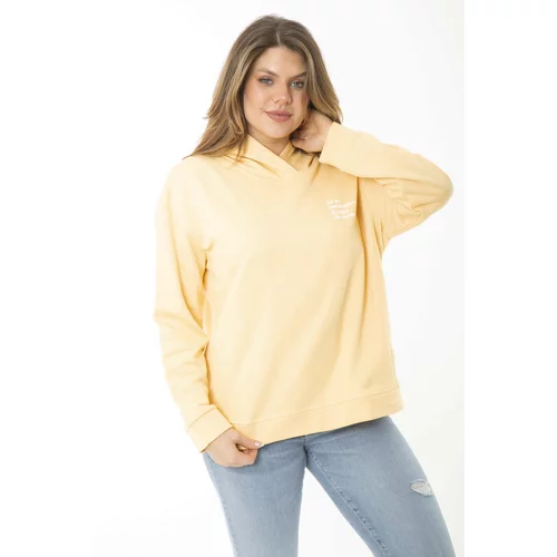 Şans Women's Plus Size Yellow Back And Chest Printed Two Thread Hooded Sweatshirt