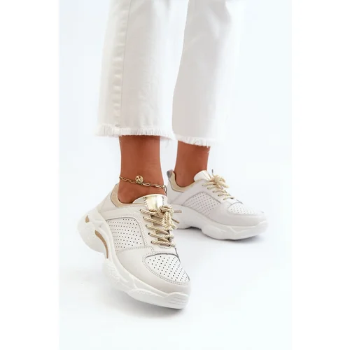 PE1 Women's Leather Sneakers with Chunky White-Gold Sole Dzumati