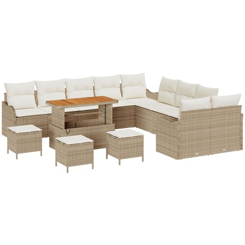 vidaXL 14-delna vrtna sofa set z blazinami bež poli ratan akacija, 2-sedežna vrtna sofa z prostorom za shranjevanje in blazinami bež poli ratan, 4-delni vrtni jedilni set z blazinami bež poli ratan akacija Cene