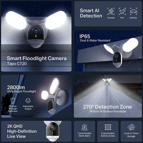 Tp-link Tapo C720 Smart Floodlight kamera 2K QHD, H.264, 2.4 GHz, 2800 Lm, dvosmjerni audio, detekcija pokreta, IP65 Slike