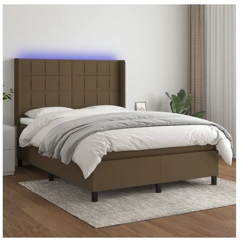  Box spring postelja z vzmetnico LED temno rjava 140x200cm blago