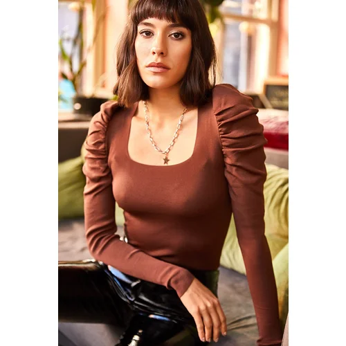 Olalook Women's Bitter Brown Princess Sleeve Square Collar Knitwear Blouse