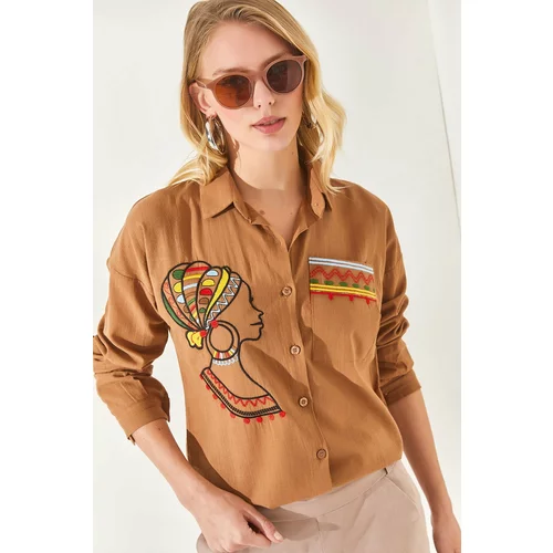 Olalook Women's Camel Loose Woven Linen Shirt with Pockets and Embroidery Detail