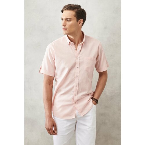 AC&Co / Altınyıldız Classics Men's Pink Comfort Fit Comfy Cut, Buttoned Collar Linen-Looking 100% Cotton Short Sleeve Shirt. Slike