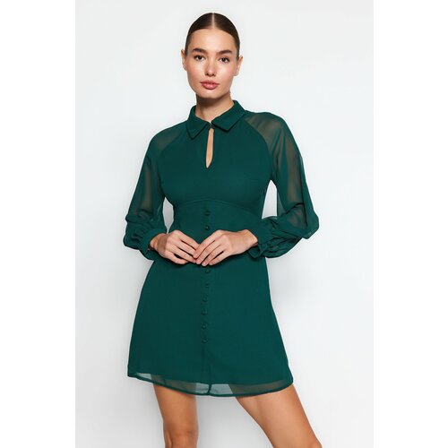 Trendyol Emerald Green Button Detail Lined Chiffon Mini Woven Dress Slike