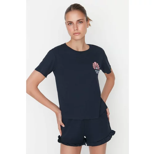 Trendyol Navy Blue Embroidered Camisole Knitted Pajamas Set