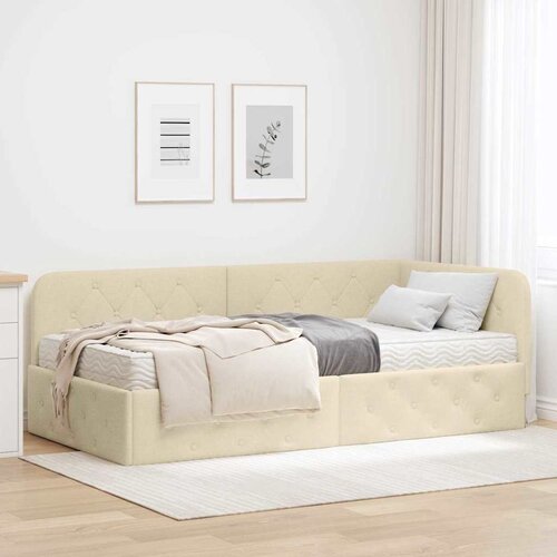vidaXL Kotna postelja z vzmetnico z vzglavjem krema 100 x 200 cm blago Cene