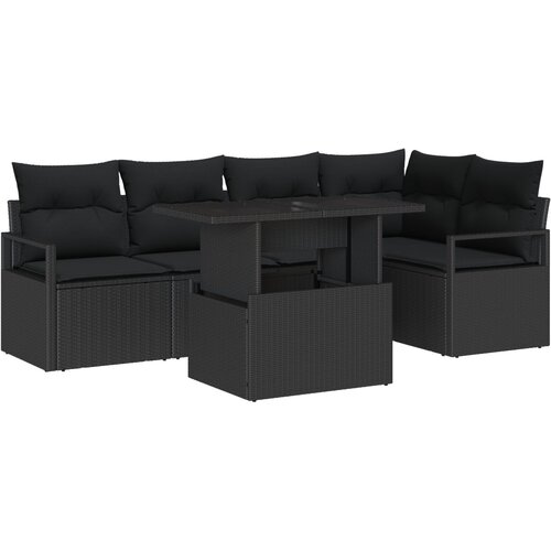 VidaXL set vrtnih sofa od 6 dijelova s jastučićima - crni poli ratan, dvosedna vrtna sofa sa skladi&amp;scaron;tem i jastučićima - crni poli ratan Slike