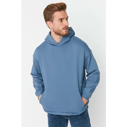 Trendyol Blue Men's Oversize Fit Hooded Embroidery Detailed Thick Sweatshirt