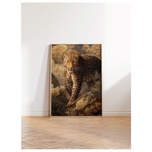 Wallxpert uramljena slika 115254, leopard na steni među zlatnim cvetovima, 30 x 40 cm, ram u boji prirodnog drveta Slike