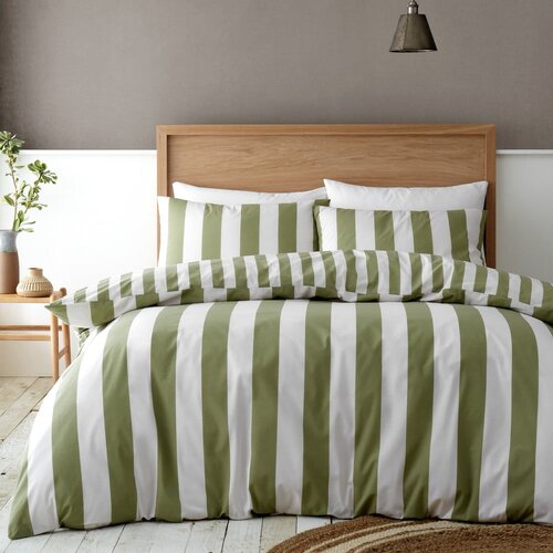 Catherine Lansfield Zelena/kremno bela posteljnina za zakonsko posteljo/podalj&amp;scaron;ana 230x220 cm Cove Stripe &amp;ndash; Slike