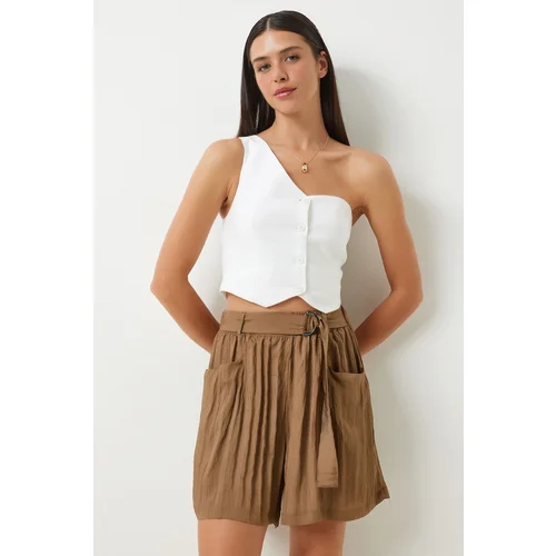  Women's Brown Belted City Length Woven Shorts