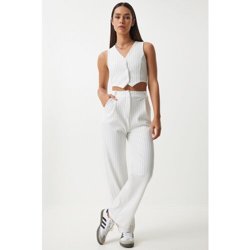 Happiness İstanbul Women's White Thin Striped Knitted Vest Trousers Set Cene
